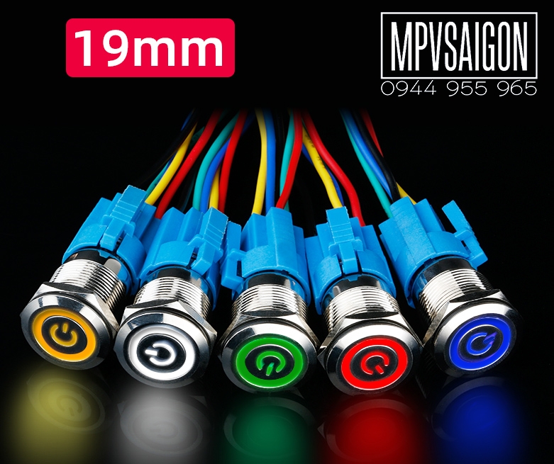 Công tắc kim loại LED 19mm hình nguồn 12V 24VNhấn khóa/ Trắng