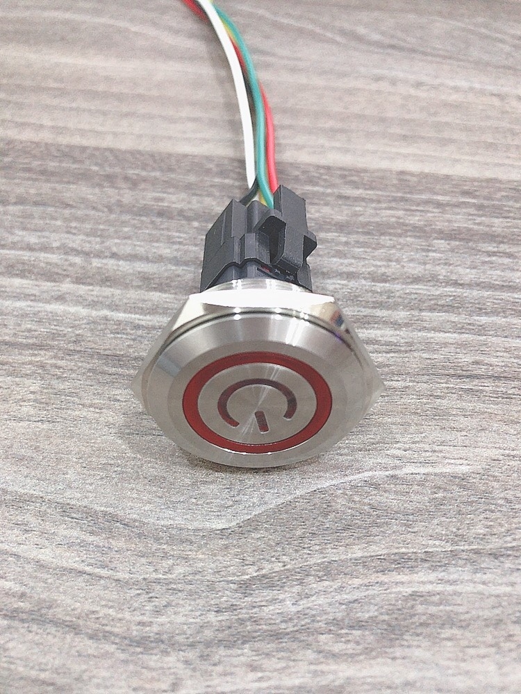 Công tắc kim loại LED 30mm hình nguồn nhấn khóa 12V 24V có giắc cắm- Xanh dương