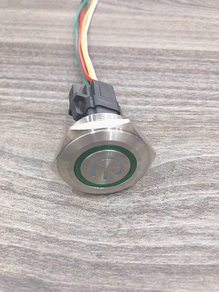 Công tắc kim loại LED 30mm hình nguồn nhấn khóa 12V 24V có giắc cắm- Xanh dương