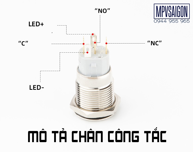 Công tắc kim loại LED 16mm hình nguồn Nhấn nhả