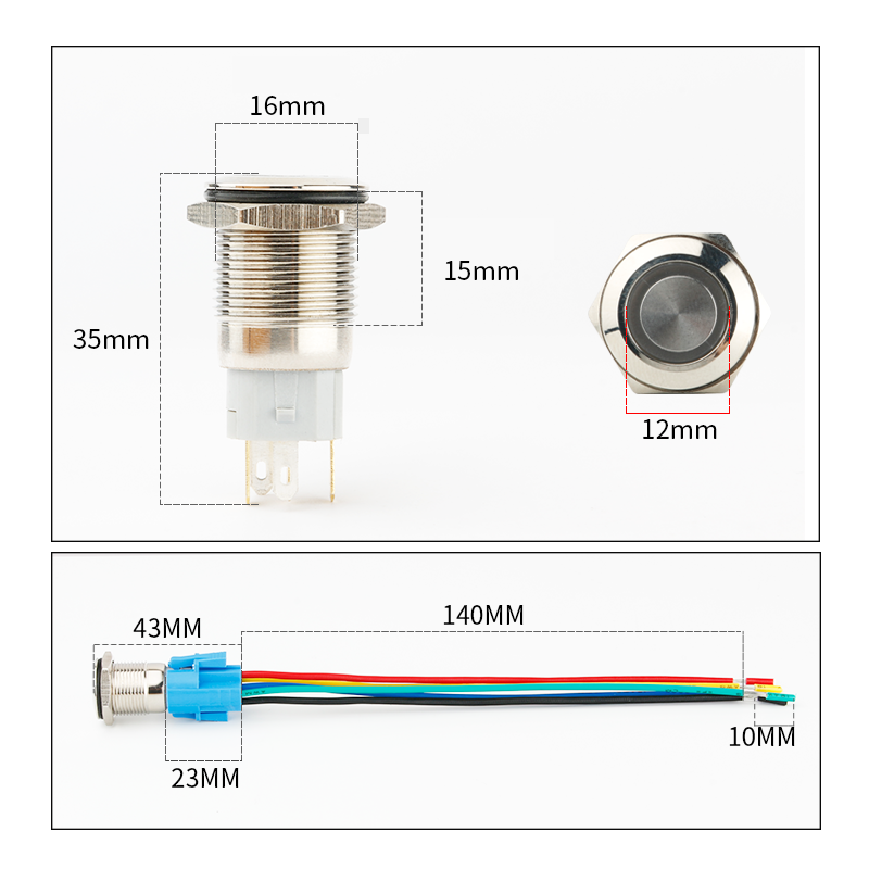 Công tắc kim loại 16mm LED tròn nhấn khóa/ Locking 12V~24V