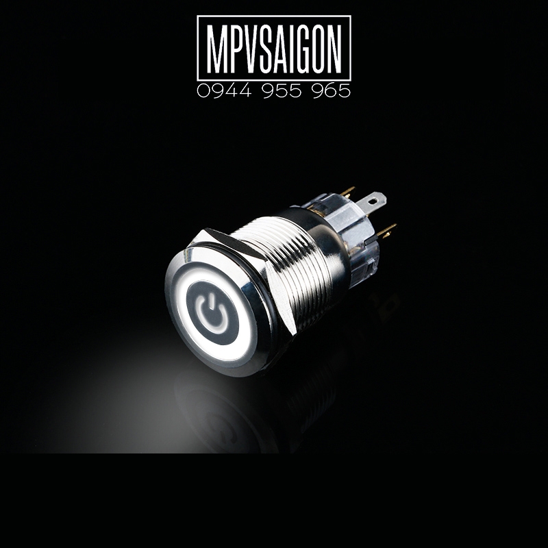 Công tắc kim loại LED 30mm hình nguồn nhấn khóa 12V 24V có giắc cắm- Xanh dương