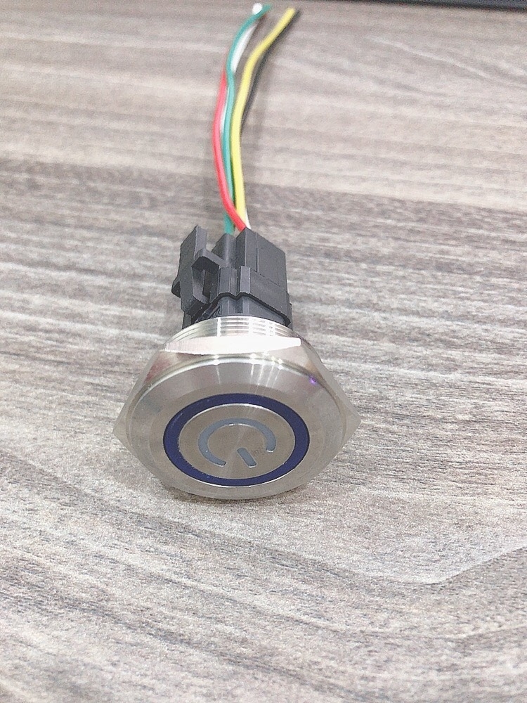 Công tắc kim loại LED 30mm hình nguồn nhấn khóa 12V 24V có giắc cắm- Xanh dương