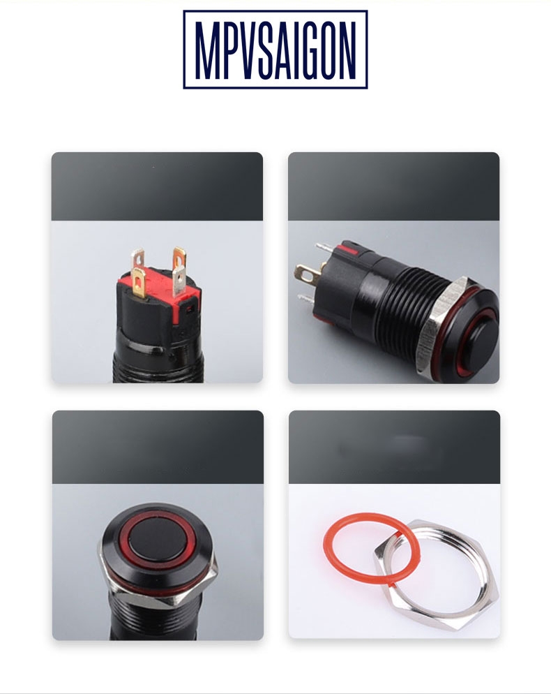 Công tắc led 12mm kim loại vỏ đen 12v nhấn nhả chống nước chống gỉ sét ô tô xe máy thiết bị máy móc y tế