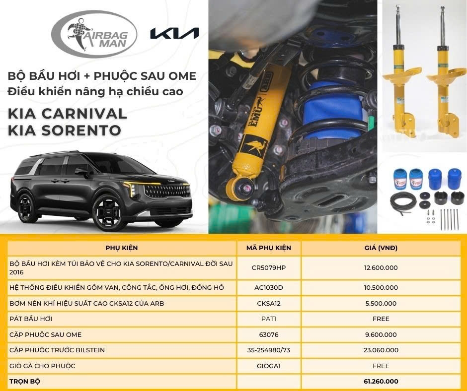 Bộ Bầu Hơi + Phuộc Sau ARB OME - Phuộc Trước Bilstein dành cho Cho KIA Carnival & Sorento