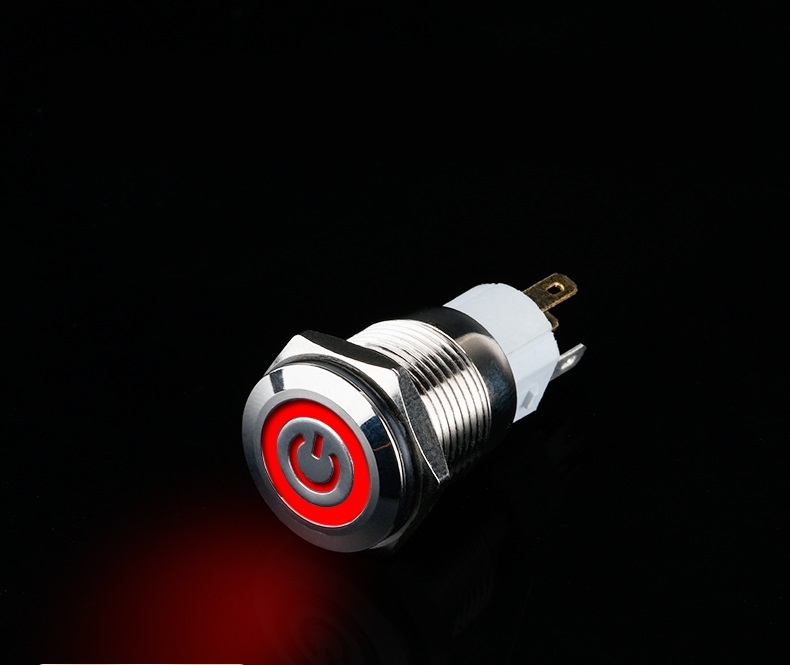 Công tắc kim loại LED 16mm hình nguồn Nhấn nhả