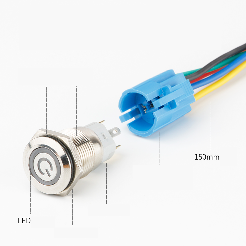 Công tắc kim loại LED 16mm hình nguồn Nhấn khóa