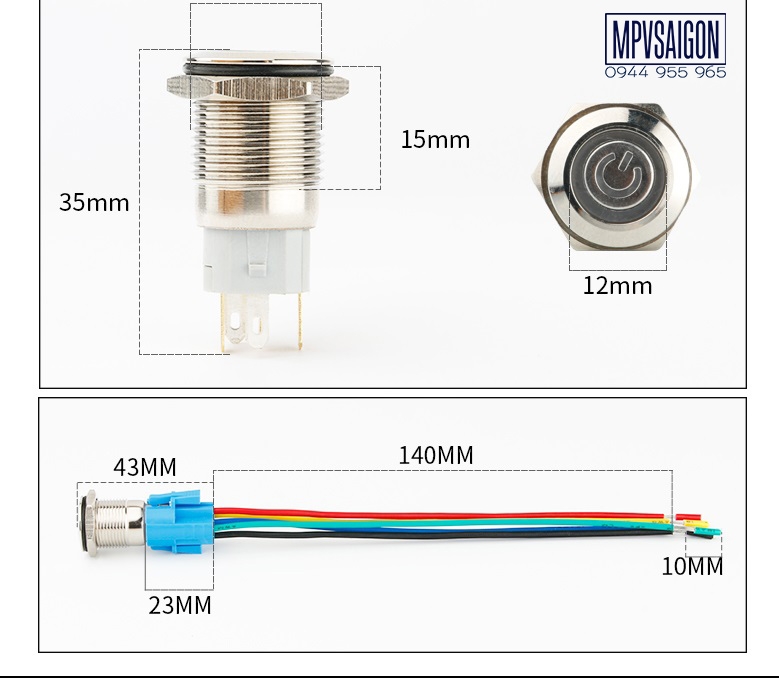 Công tắc kim loại LED 16mm hình nguồn Nhấn khóa