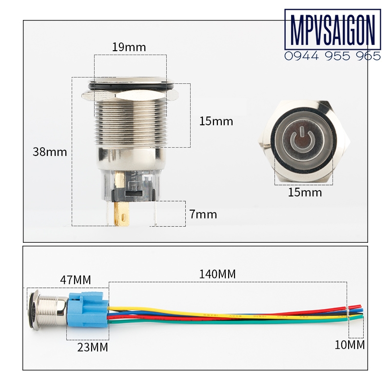 Công tắc kim loại LED 19mm hình nguồn 12V 24VNhấn khóa/ Trắng