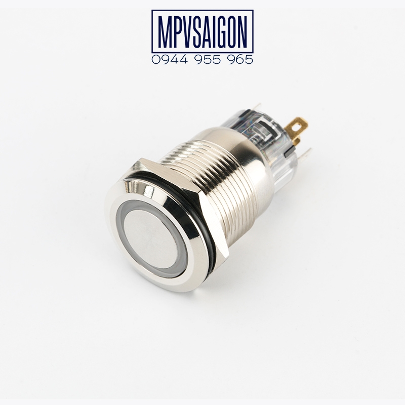 Công tắc LED tròn 19mm kim loại 12V Có giắc, Nhấn nhả/ Trắng