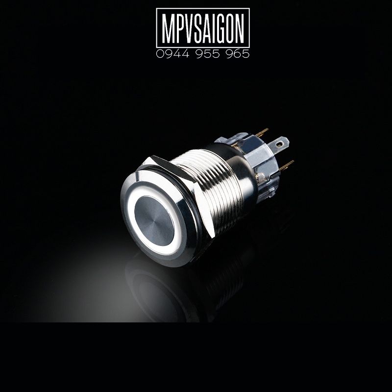 Công tắc LED tròn 19mm kim loại 12V Có giắc, Nhấn nhả/ Trắng