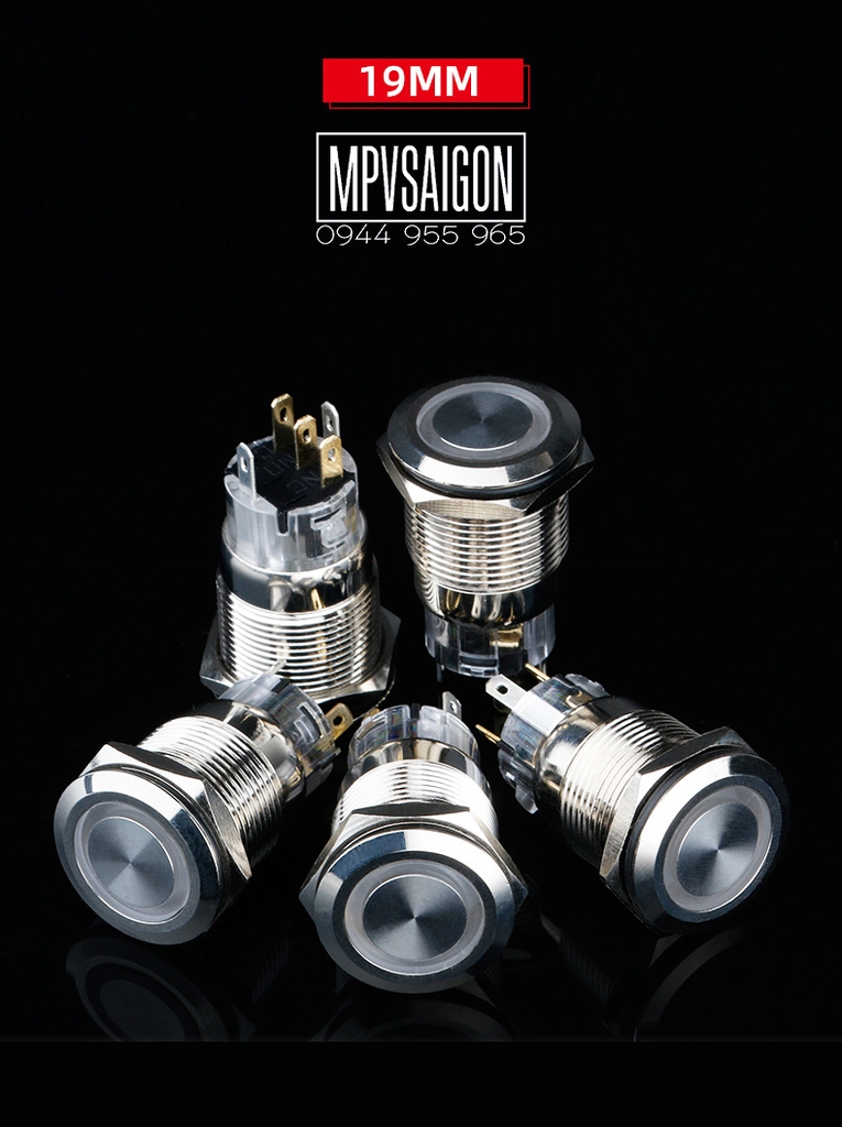 Công tắc LED tròn 19mm kim loại 12V Có giắc/ Nhấn nhả