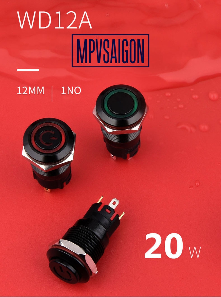 Công tắc kim loại LED 16mm vỏ đen LED hình nguồn  12V 24V Nhấn nhả