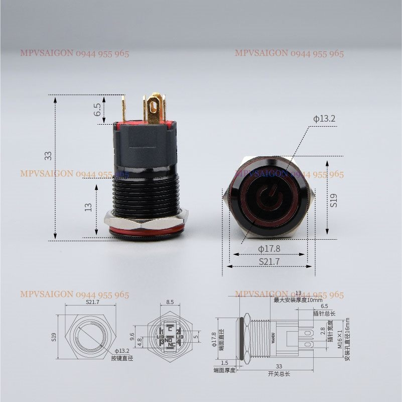 Công tắc 16mm kim loại vỏ đen chân giắc