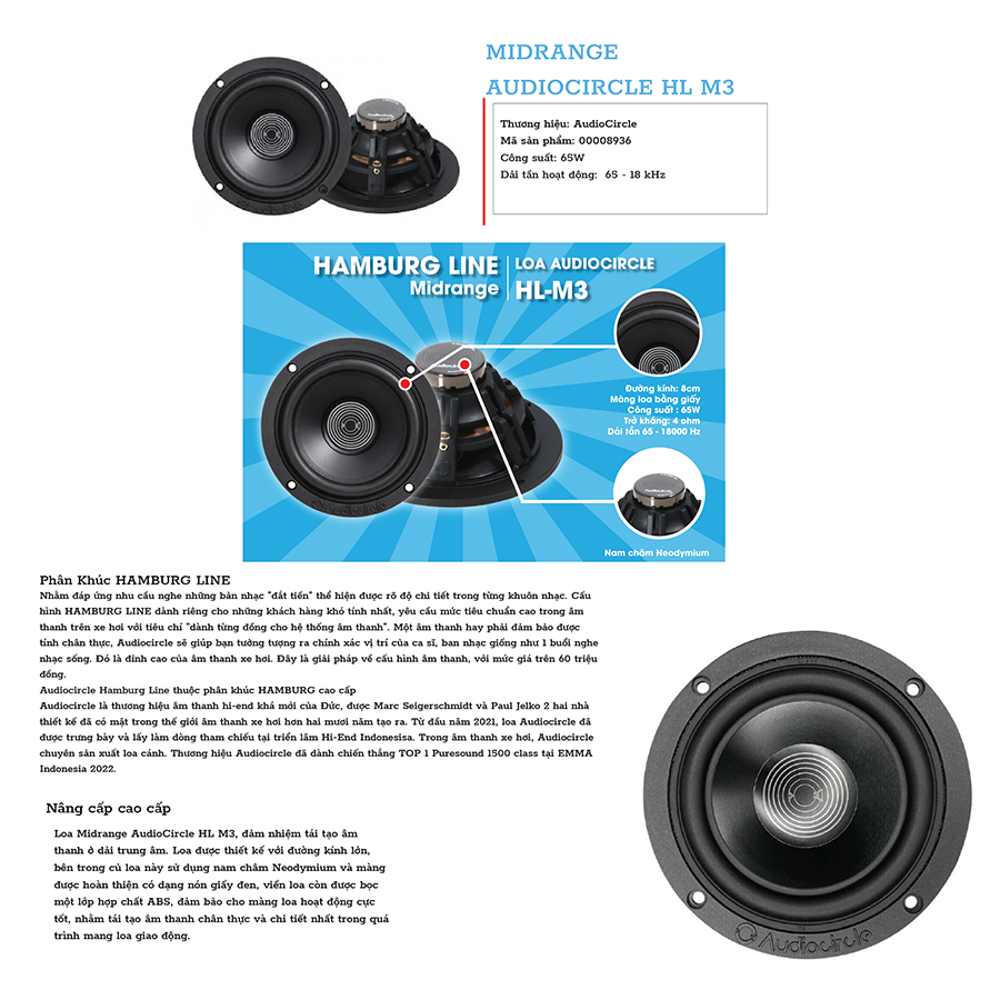 AUDIOCIRCLE HL M3 – LOA MIDRANGE CHO Ô TÔ DÒNG HAMBURG LINE
