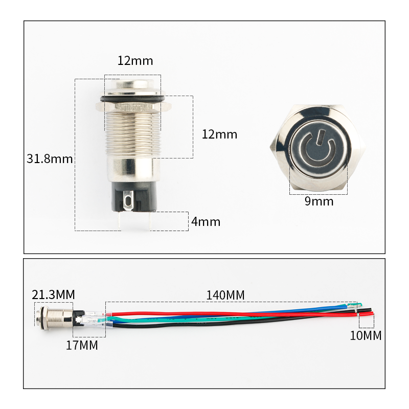 Công tắc kim loại 12mm LED hình nguồn 12V 24V nhấn nhả