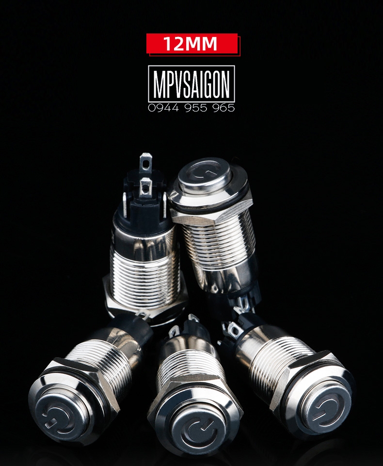 Công tắc kim loại 12mm LED hình nguồn 12V 24V nhấn nhả