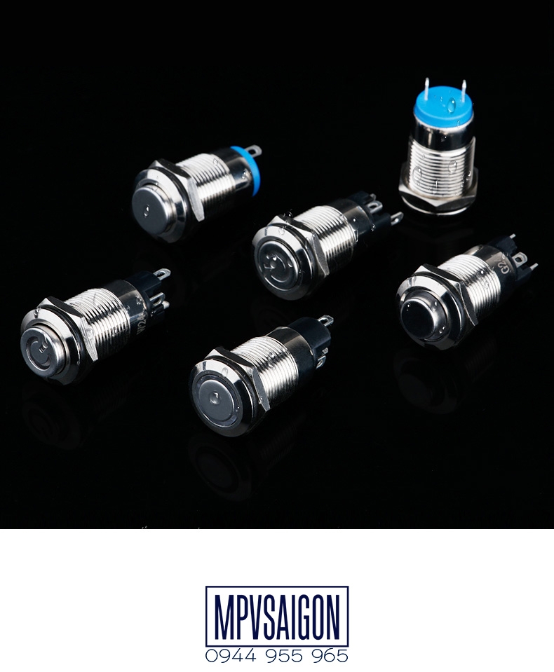 Công tắc kim loại 12mm LED hình nguồn 12V 24V nhấn nhả