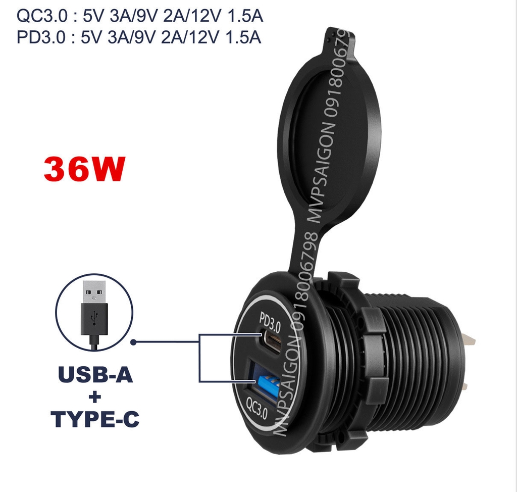 Tẩu sạc nhanh USB dành cho ô tô xe máy QC3.0 PD3.0