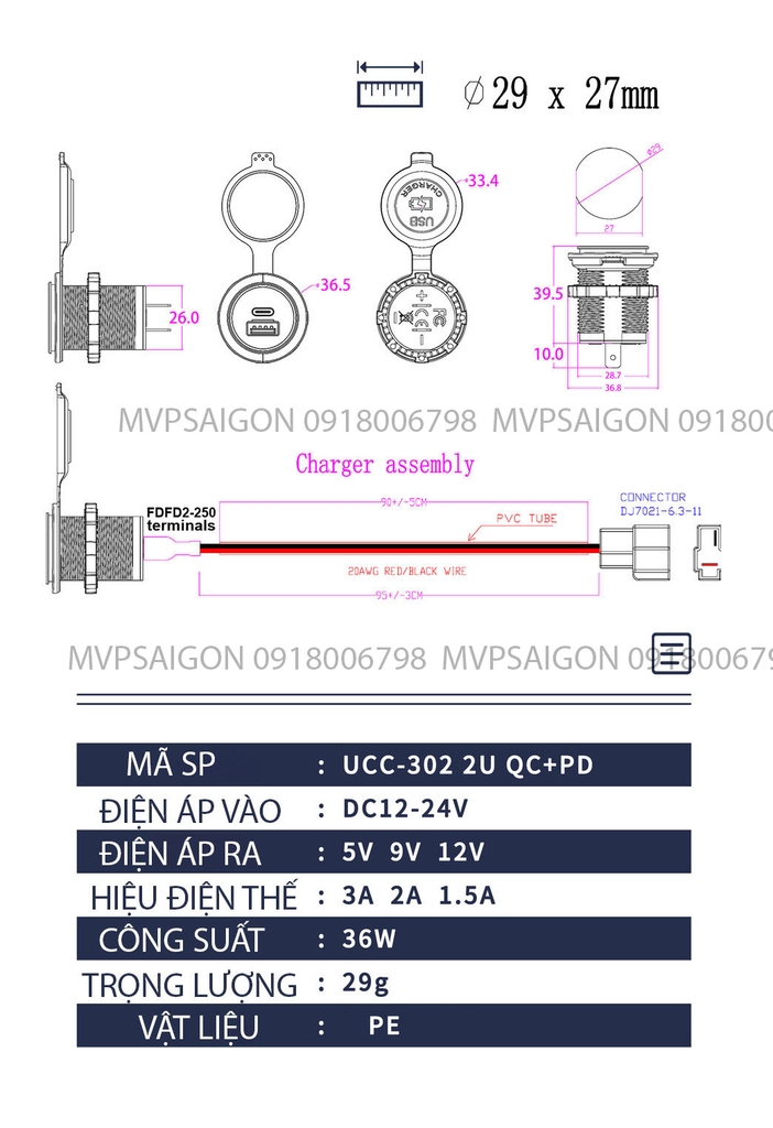 Tẩu sạc nhanh USB dành cho ô tô xe máy QC3.0 PD3.0