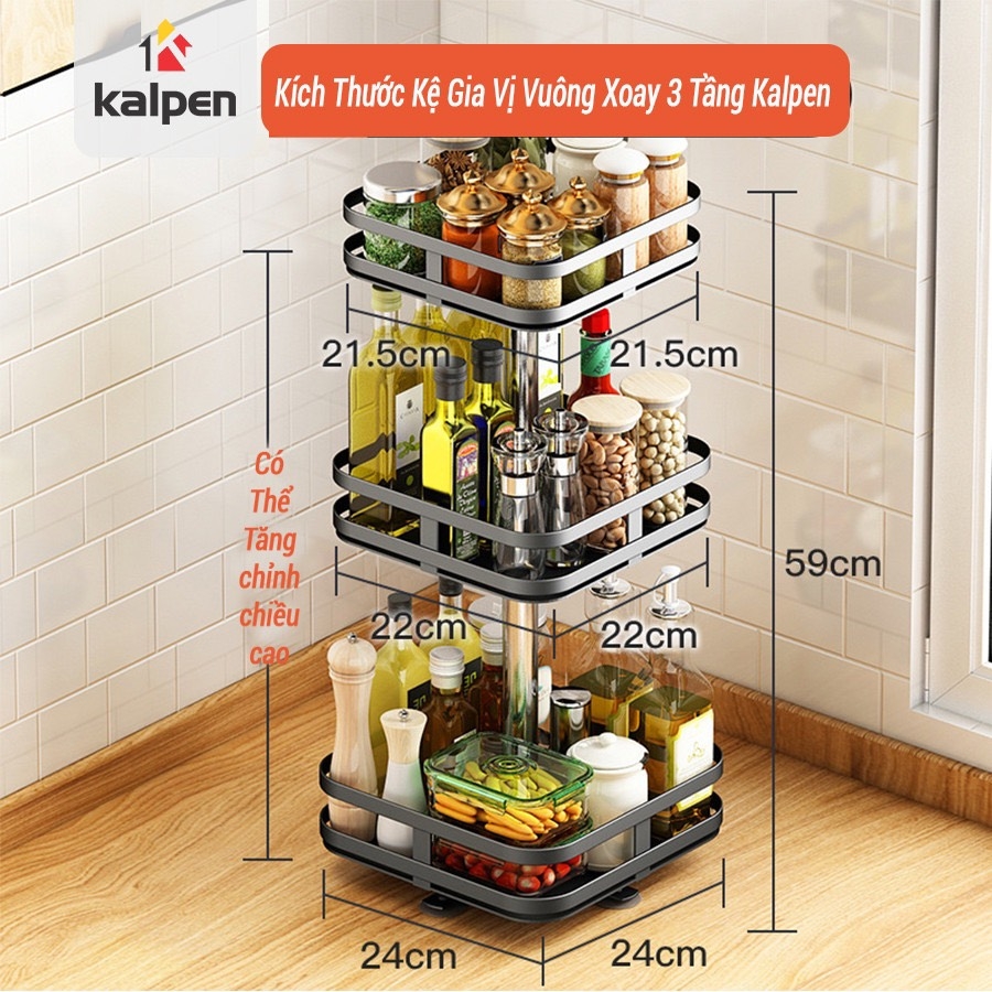 Kệ gia vị nhà bếp xoay 360 độ 3 tầng hình vuông - Linh Kiện Khánh Nhân