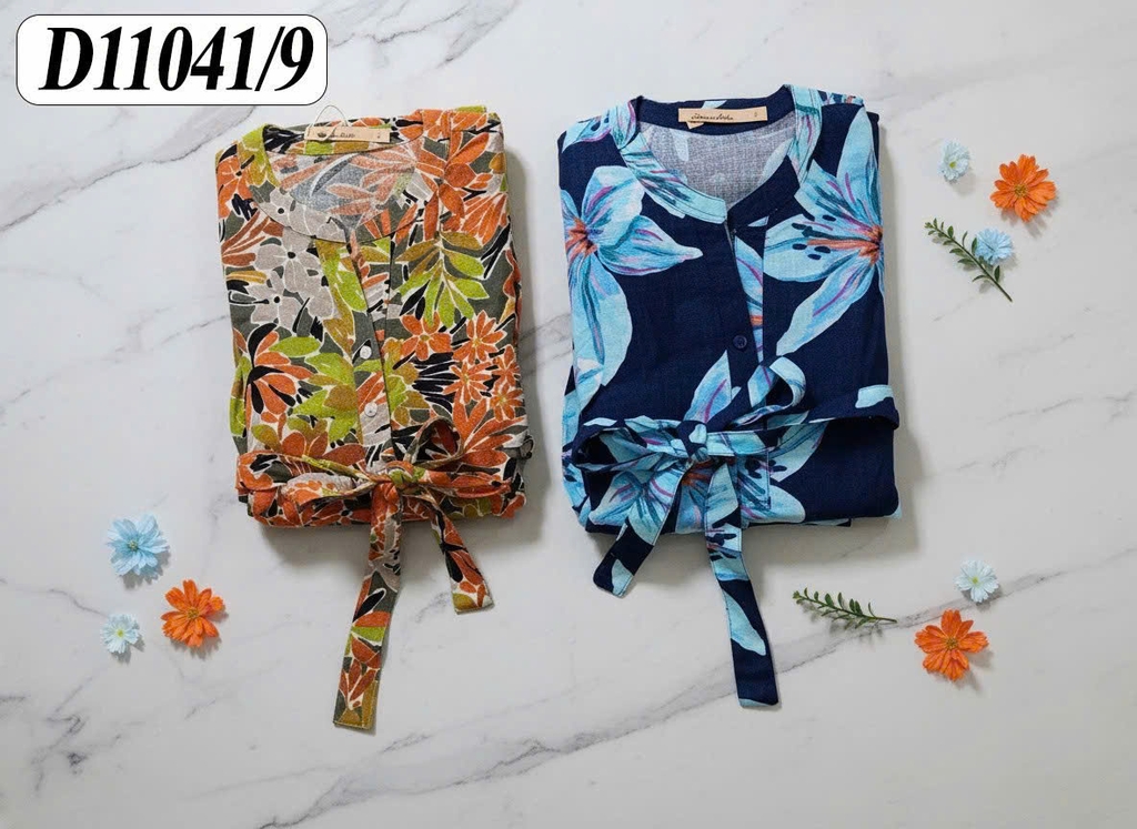 SWANLAKE | Váy Đầm Nữ Dây Thắt Eo Cổ Trụ Cài Nút Tay Lỡ Vải Linen Bông Họa Tiết Hoa Lá Mùa Hè D11041LW09
