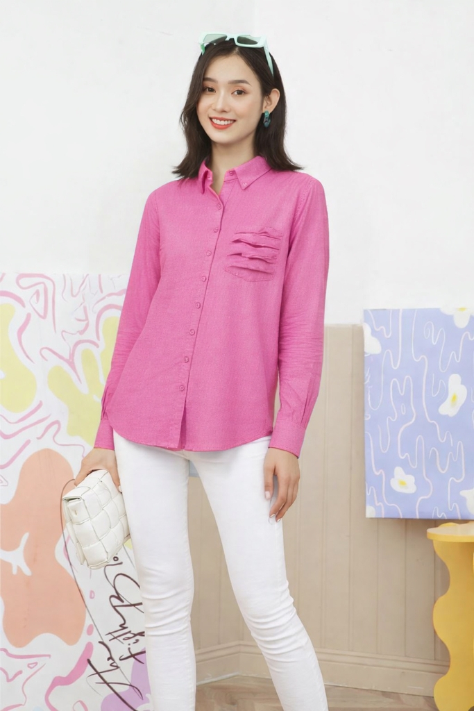 SWANLAKE | Áo Sơ Mi Nữ Trơn Basic Vải Linen Có Túi Tay Dài Công Sở Thanh Lịch Nhiều Màu A11890LW01
