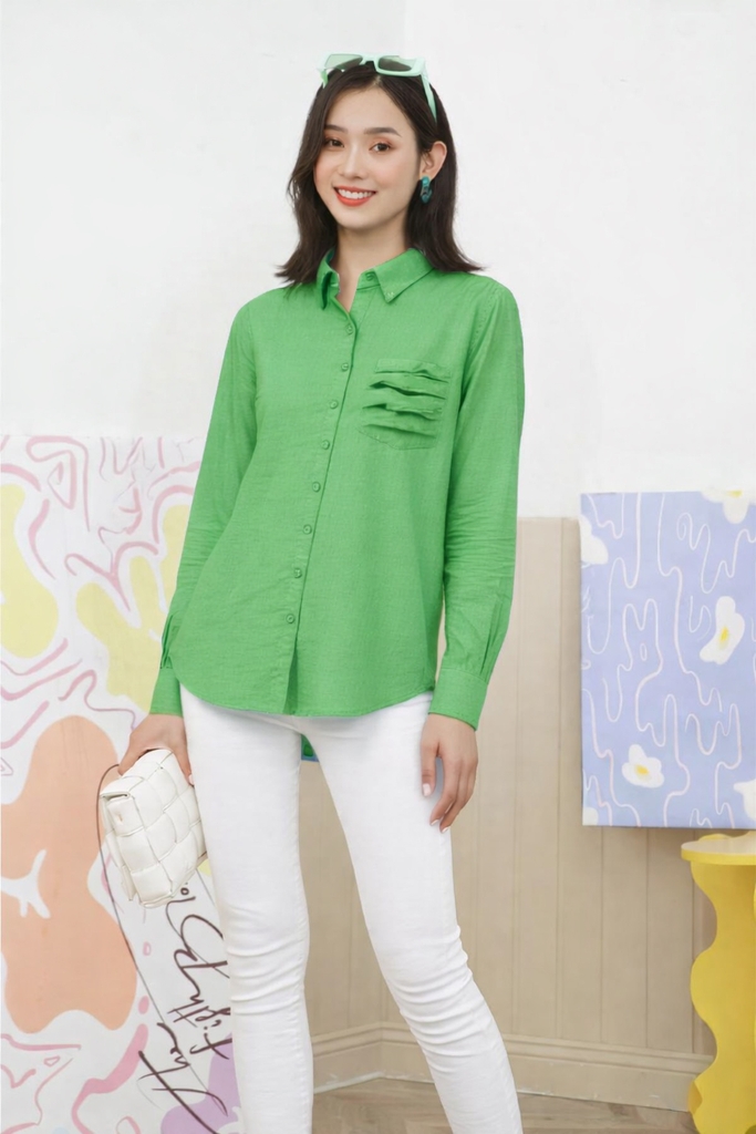 SWANLAKE | Áo Sơ Mi Nữ Trơn Basic Vải Linen Có Túi Tay Dài Công Sở Thanh Lịch Nhiều Màu A11890LW01