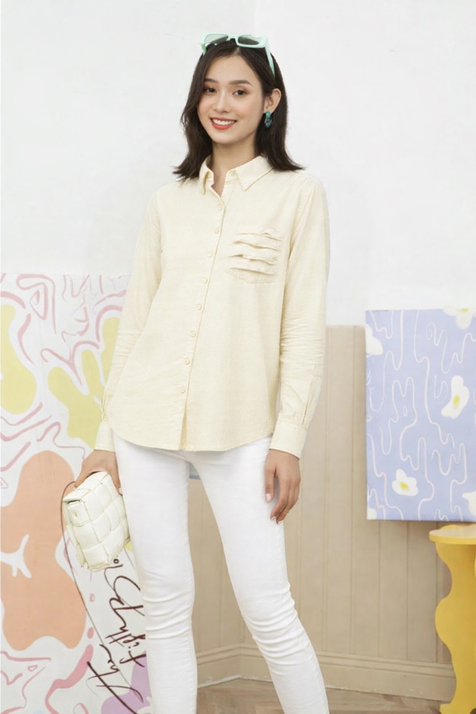 SWANLAKE | Áo Sơ Mi Nữ Trơn Basic Vải Linen Có Túi Tay Dài Công Sở Thanh Lịch Nhiều Màu A11890LW01