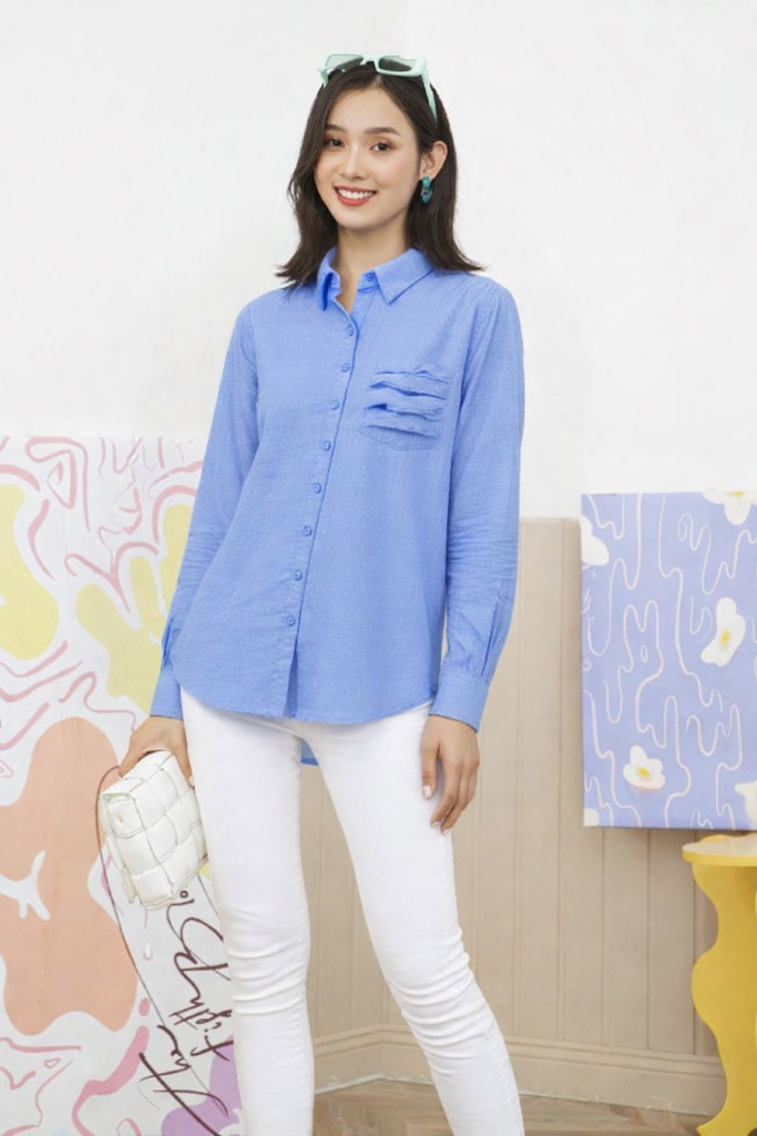 SWANLAKE | Áo Sơ Mi Nữ Trơn Basic Vải Linen Có Túi Tay Dài Công Sở Thanh Lịch Nhiều Màu A11890LW01