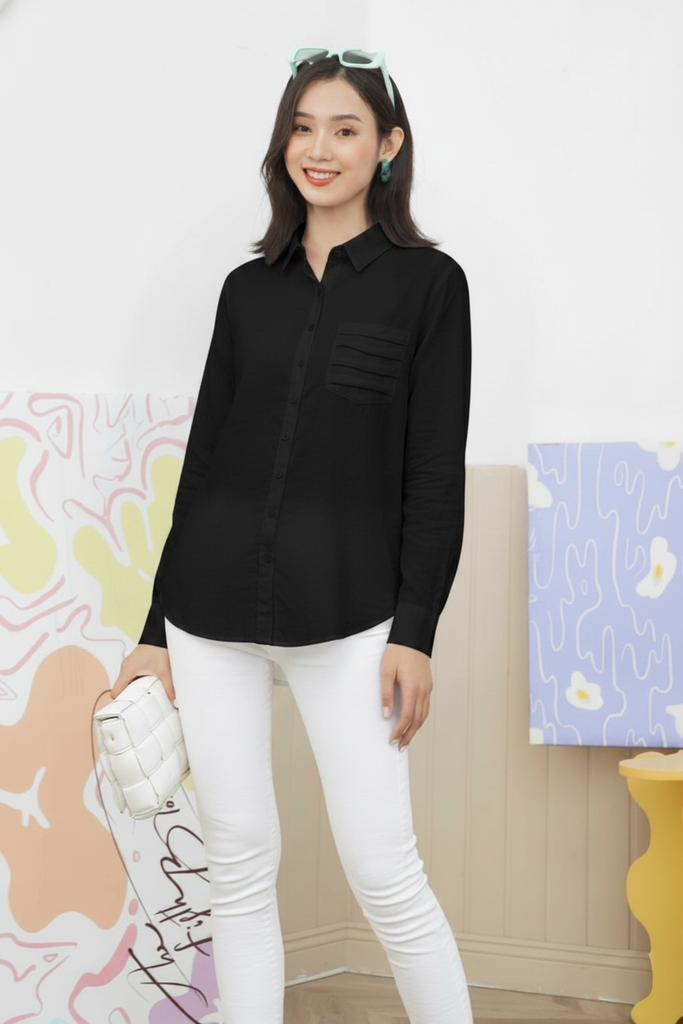 SWANLAKE | Áo Sơ Mi Nữ Trơn Basic Vải Linen Có Túi Tay Dài Công Sở Thanh Lịch Nhiều Màu A11890LW01