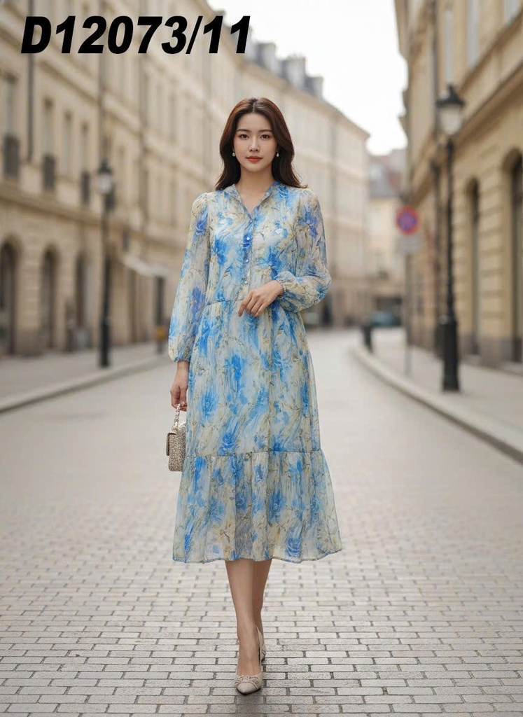 SWANLAKE | Váy Đầm Nữ Maxi Suông Xòe 2 Lớp Cổ Chữ V Cài Nút Tay Dài Vải Tơ In Hoa Đi Biển Hè D12073LW11