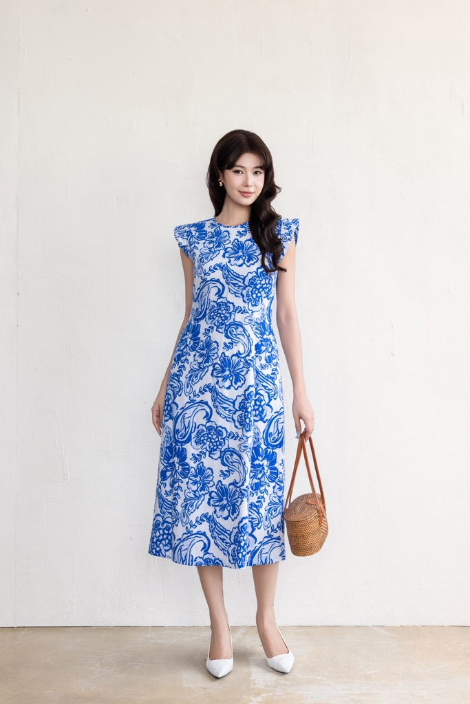 SWANLAKE | Váy Đầm Nữ Chiết Eo Tôn Dáng Vải Linen Bông Cổ Tròn Tay Cánh Tiên Thanh Lịch D13642LW01