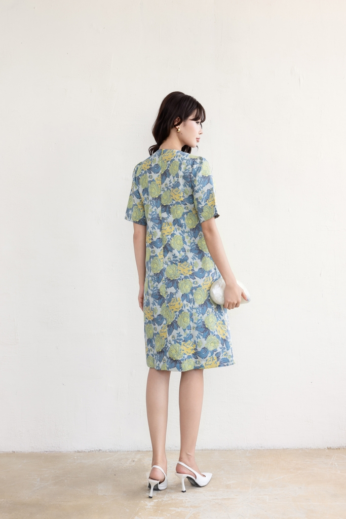 SWANLAKE | Váy Đầm Nữ Midi Cổ Tròn Tay Ngắn Vải Gấm Hoa Có Túi Sang Trọng Đi Tiệc Công Sở D13266LW02