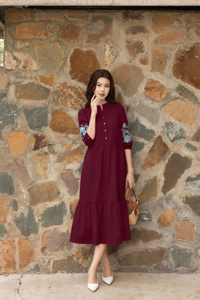 SWANLAKE | Váy Đầm Nữ Maxi Đuôi Cá Xòe Vải Cotton Tay Lỡ Thêu Hoa Cổ Trụ Cài Nút Công Sở D13567LW01