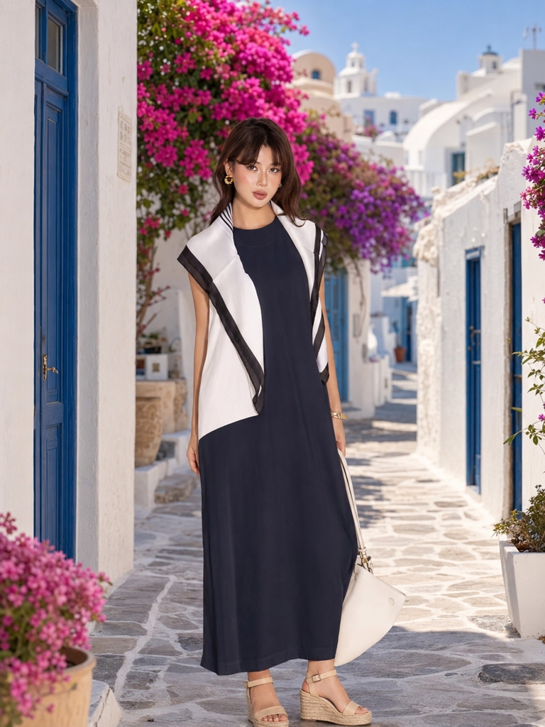 SWANLAKE | Váy Đầm Nữ Maxi Suông Sát Nách Cổ Yếm Vải Linen Trơn Hai Lớp Có Túi Dạo Phố D13877LW03