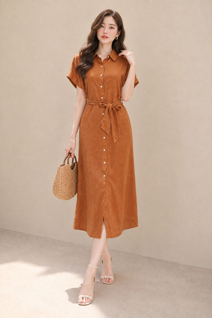 SWANLAKE | Váy Đầm Nữ Sơ Mi Suông Dài Cài Nút Vải Linen Tay Ngắn Dây Thắt Eo Công Sở D14046LW01