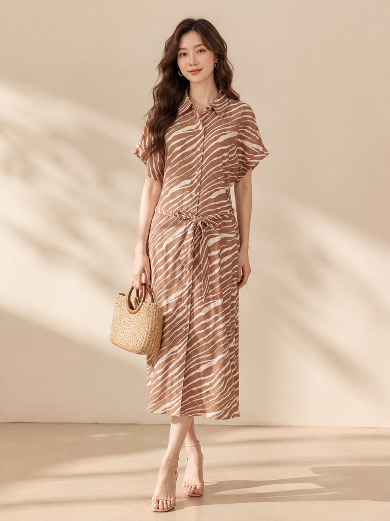 SWANLAKE | Váy Đầm Nữ Sơ Mi Suông Dài Cài Nút Vải Linen Tay Ngắn Dây Thắt Eo Công Sở D14046LW01