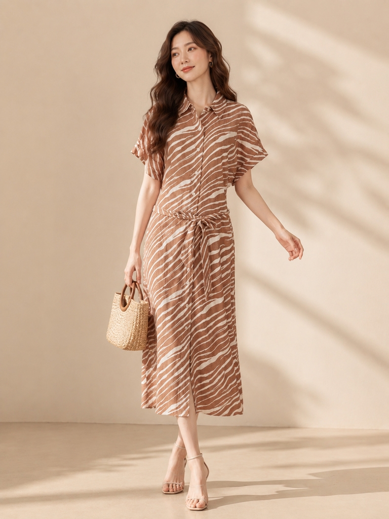 SWANLAKE | Váy Đầm Nữ Sơ Mi Suông Dài Cài Nút Vải Linen Tay Ngắn Dây Thắt Eo Công Sở D14046LW01
