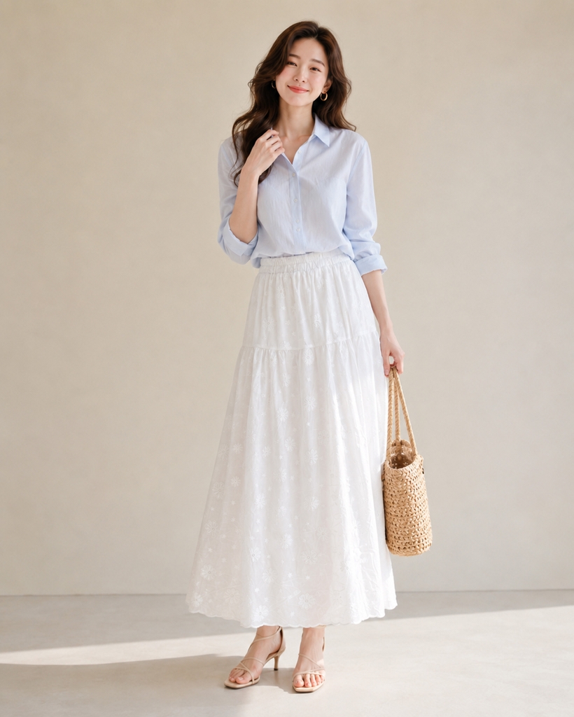SWANLAKE | Chân Váy Nữ Maxi Trắng Dài Dáng Phồng Xoè Basic Vải Cotton Thêu Hoa Thanh Lịch V14112MW01