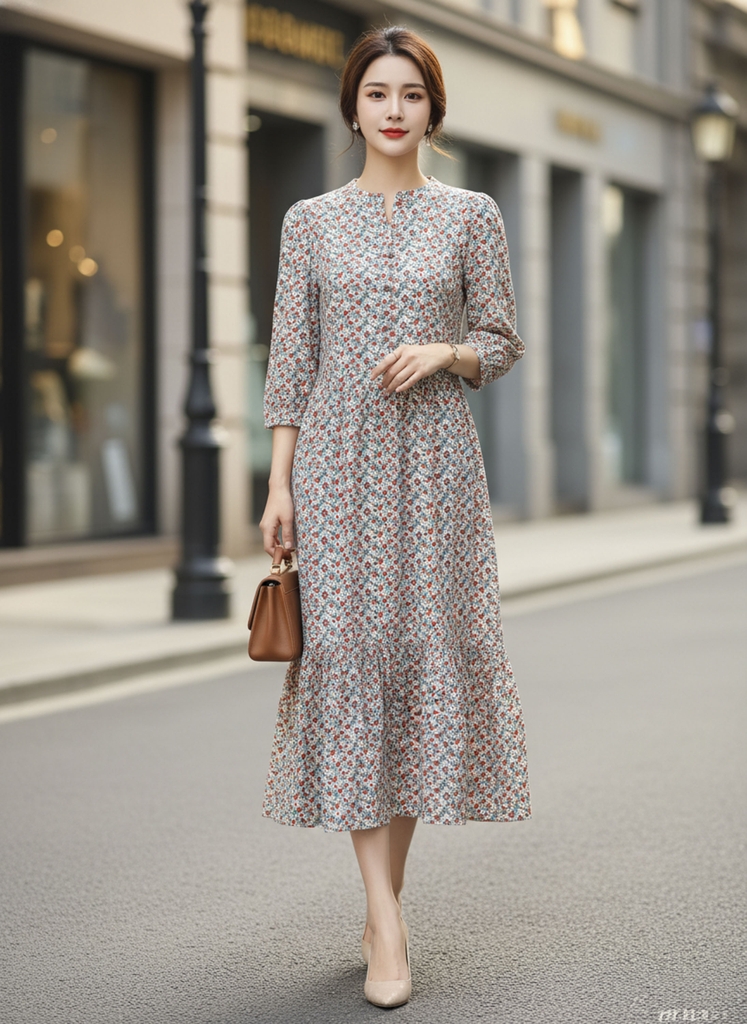 SWANLAKE | Váy Đầm Nữ Maxi Dáng Dài Cổ Trụ Cài Nút Tay Lỡ Linen Bông Nhí Xếp Ly Đuôi Cá D12355LW11