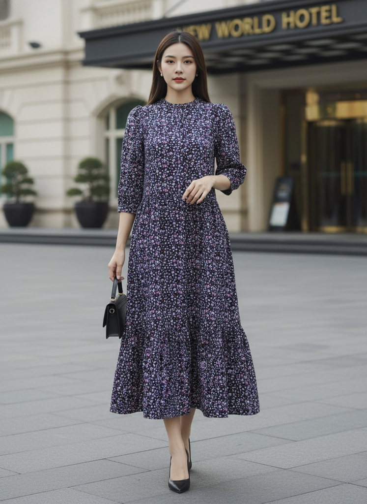 SWANLAKE | Váy Đầm Nữ Maxi Dáng Dài Cổ Trụ Cài Nút Tay Lỡ Linen Bông Nhí Xếp Ly Đuôi Cá D12355LW11