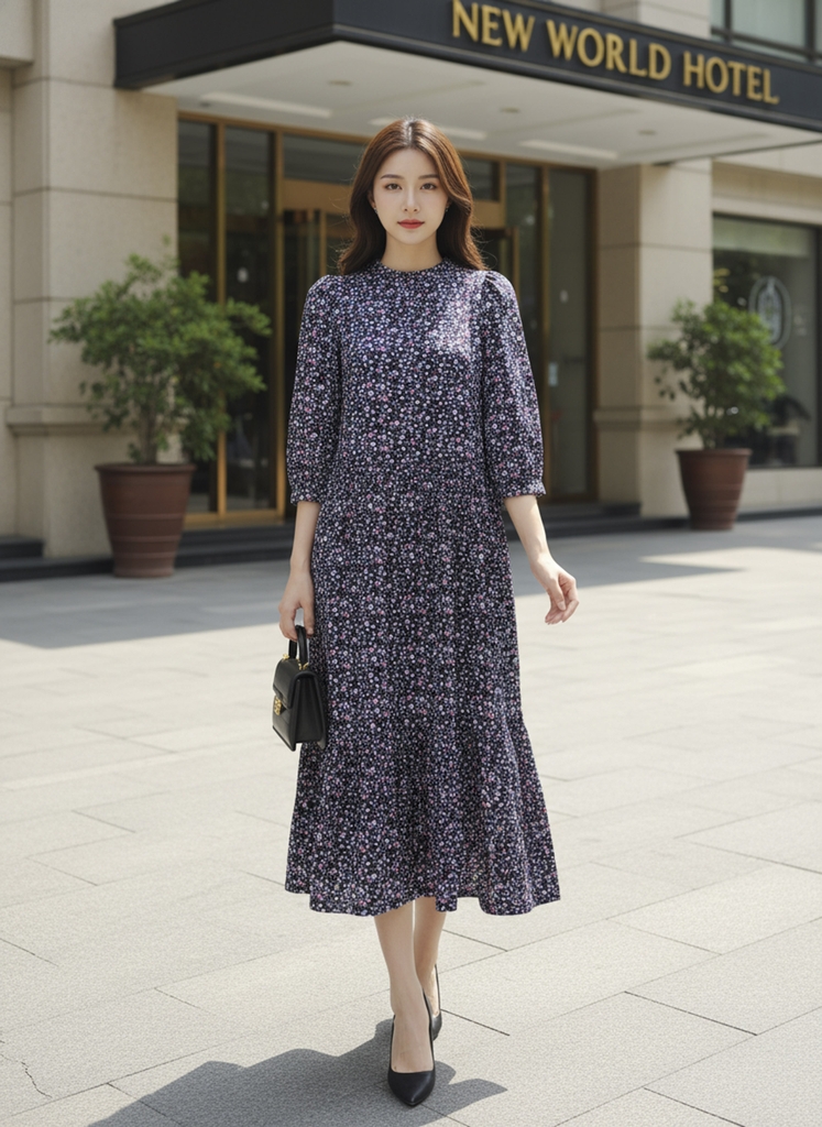 SWANLAKE | Váy Đầm Nữ Maxi Dáng Dài Cổ Trụ Cài Nút Tay Lỡ Linen Bông Nhí Xếp Ly Đuôi Cá D12355LW11