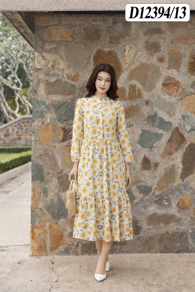 SWANLAKE | Váy Đầm Nữ Suông Maxi Đuôi Cá Xòe Vải Linen Bông Cổ Trụ Xẻ Tay Dài Du Lịch Biển D12394LW13