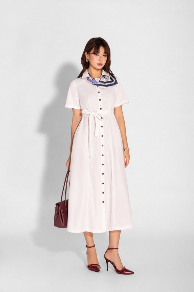 SWANLAKE | Váy Đầm Nữ Sơ Mi Suông Trơn Cài Nút Vải Linen Tay Ngắn Dây Thắt Eo Công Sở D12990LW04