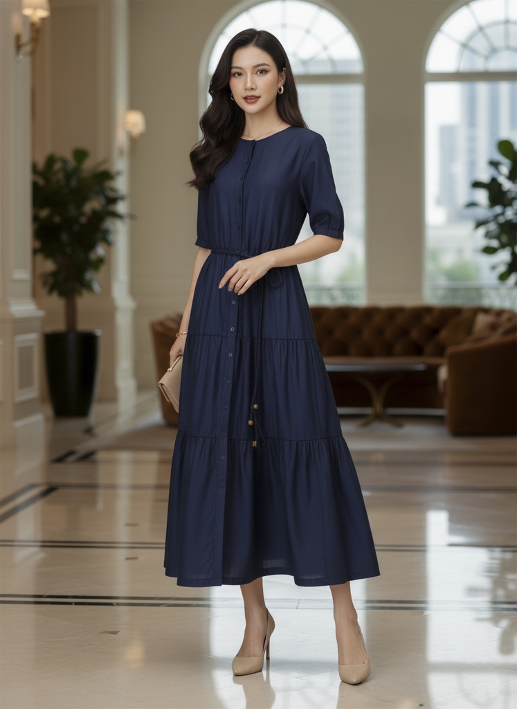 SWANLAKE | Váy Đầm Nữ Maxi Xếp Tầng Vải Tơ Cotton Trơn Cổ Tròn Cài Nút Dây Thắt Eo Công Sở D13042LW01