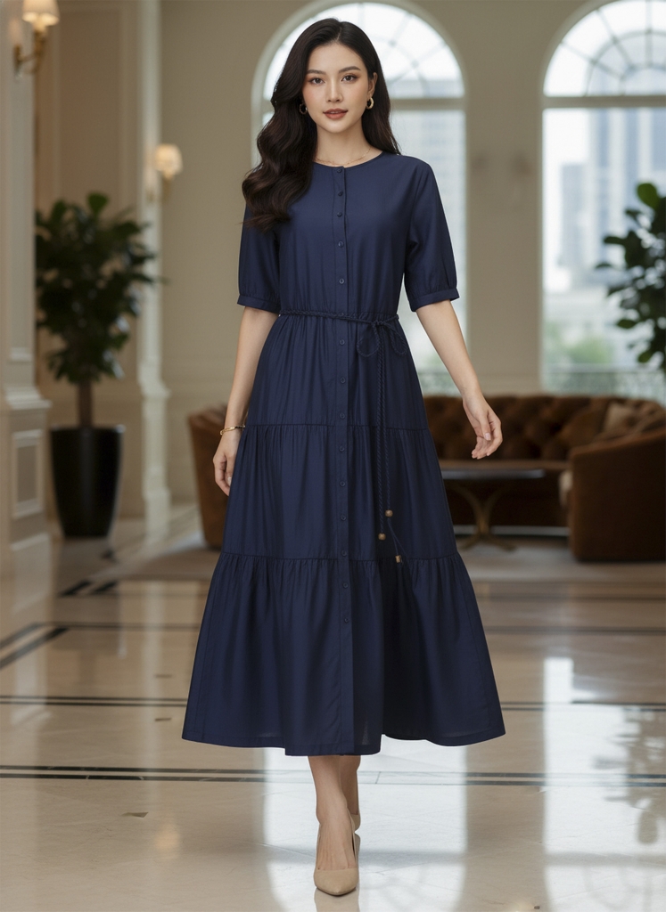 SWANLAKE | Váy Đầm Nữ Maxi Xếp Tầng Vải Tơ Cotton Trơn Cổ Tròn Cài Nút Dây Thắt Eo Công Sở D13042LW01