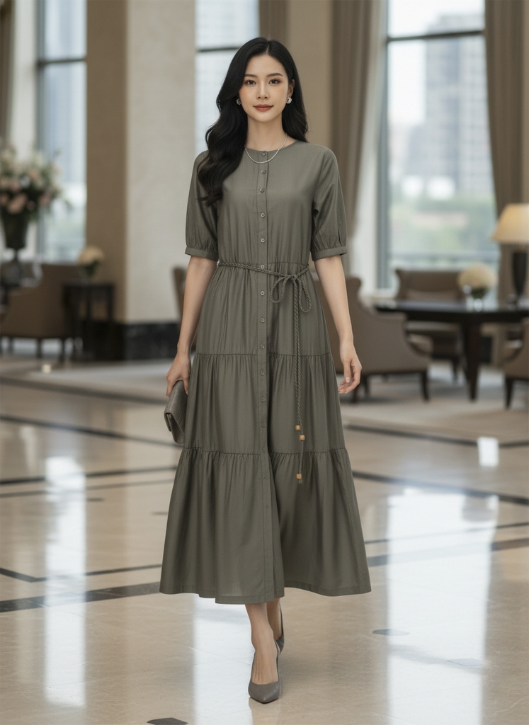 SWANLAKE | Váy Đầm Nữ Maxi Xếp Tầng Vải Tơ Cotton Trơn Cổ Tròn Cài Nút Dây Thắt Eo Công Sở D13042LW01