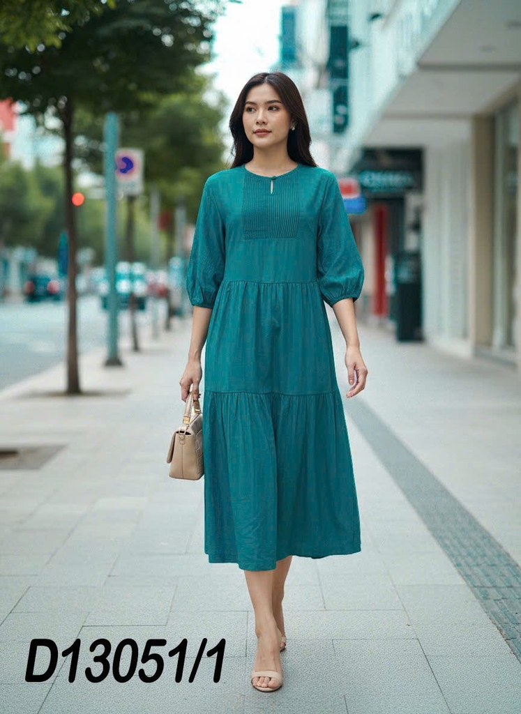 Váy Đầm Nữ Maxi Đuôi Cá Xếp Tầng Tay Lỡ Cổ Tròn Vải Xô Tăm Dự Tiệc Công Sở D13051LW01