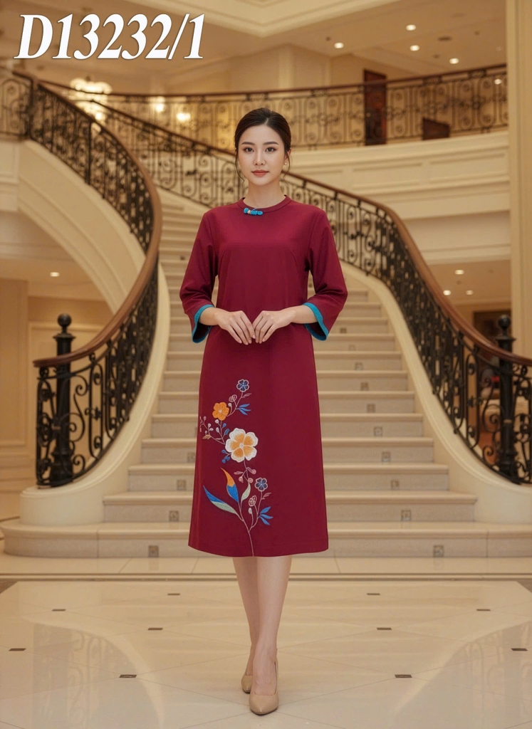 SWANLAKE | Váy Đầm Midi Nữ Phom Suông Cổ Tròn Tay Lỡ Thêu Hoa Chất Vải Linen Đi Tết Dự Tiệc D13232LW01